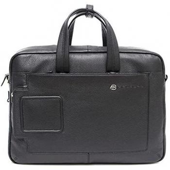 Piquadro Vibe Leather Briefcase with 15.6 Laptop Compartment - Black Outlet Price