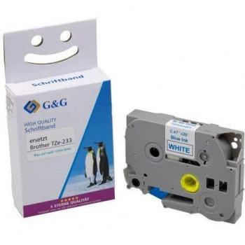 Cinta de repuesto G&G 15555 compatible con Brother TZe-233, color blanco con texto azul (1.20 cm)