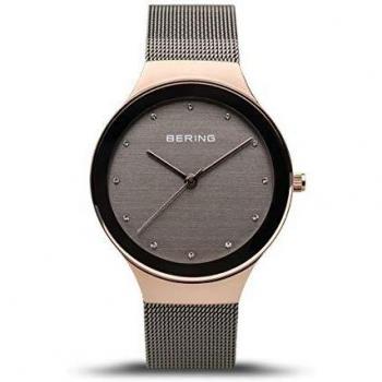 Reloj Bering Classic para mujer IP oro rosa con correa de malla gris 34mm, resistente al agua 3ATM