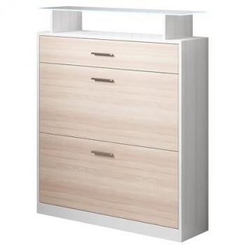 Recibidor Zapatero Paola con Luz LED, Mueble de Entrada Moderno en Melamina Blanco Brillo y Sonoma Mate, 105x89x24 cm