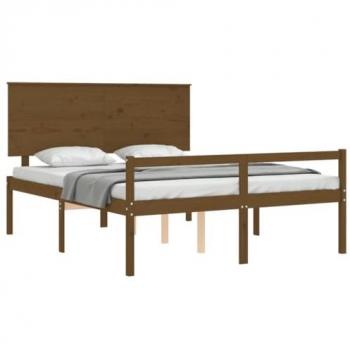 Estructura de cama matrimonio con cabecero madera marrón miel para personas mayores, sin colchón, fabricada en madera maciza