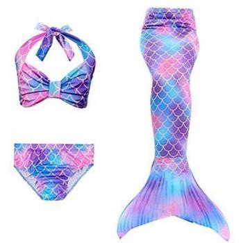 DNFUN 3pcs Traje de Baño de Cuello Hálter con Cola de Sirena Bikini Set para Niña