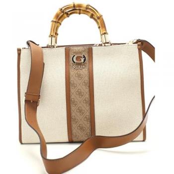 Guess Kerima Beige Cotton Handbag with Shoulder Strap and Multiple Compartments