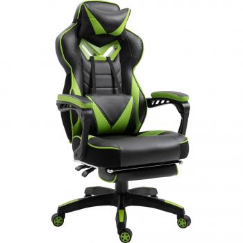 Vinsetto Silla de Oficina Gaming Ergonómica con Reposapiés Ajustable Altura 118,5-128,5 cm Color Negro y Verde Material Esponja Cuero PU Metal