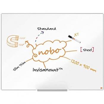Nobo Pizarra Magnética Nano Clean de Acero con Bandeja para Rotuladores, 1200 x 900mm, Marco Fino, Sistema de Instalación InvisaMount, Impression Pro, Blanco, 1915403