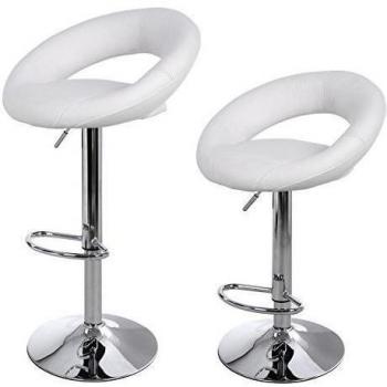 SONGMICS 2 x Taburete de Bar Regulable en Altura y Giratorio Cromado de Cuero sintético Blanco LJB77B