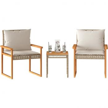 Juego de 3 piezas de bistro con cojines de mezcla de polyrattan y acacia beige