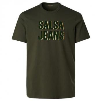 Camiseta de Hombre Salsa Jeans de Manga Corta con Logo de Terciopelo Color Verde Oscuro L