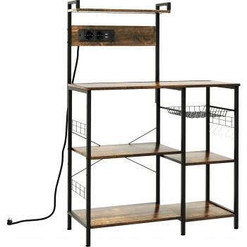 Estantería de Cocina para Microondas con Toma de Corriente Cargador USB 5 Ganchos 90x42x130 cm Marrón Rústico