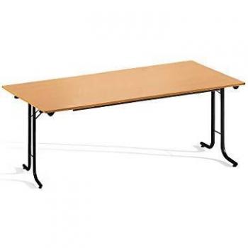 Mesa Plegable Rectangular con Bordes Redondeados, Estructura de Tubo Redondo, 1600 x 700 mm, Acabado en Decoración de Haya y Estructura Negra