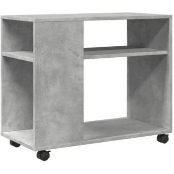 Mesa auxiliar con ruedas de madera ingeniería en color gris y acabado hormigón, dimensiones 70x35x60 cm