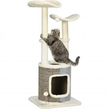 Árbol Rascador para Gatos PawHut con Caseta y Pelotas de Juguete 48x48x110cm Crema y Gris