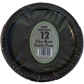 23cm Black Plastic Plates Pack of 12 Disposable for Party Wedding