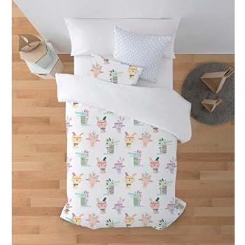 DECOLORES - Funda nórdica de algodón con un cuadrante Decorativo de 30 x 50 cm - Cama de 90 x 190/200 cm | IVA - Indios y cocodrilos