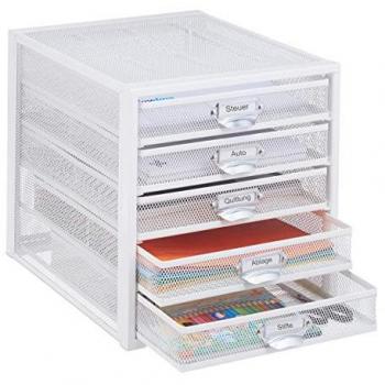 Caja Organizadora de Escritorio Relaxdays, 5 Cajones Etiquetables, Acero Blanco, 29x27,5x35,5 cm