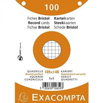 Fichas Bristol A5 Cuadradas Perforadas - 100 Unidades - Colores Asortidos - Papel Grueso - Exacompta
