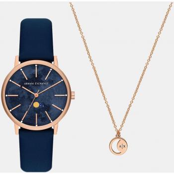 Armani Exchange Reloj de mujer Lola AX7149SET Lunar de piel azul con colgante