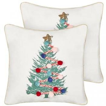 Conjunto de 2 cojines decorativos Navidad 45 x 45 cm con estampado de árbol de Navidad, funda de algodón extraíble y relleno de poliéster, color blanco