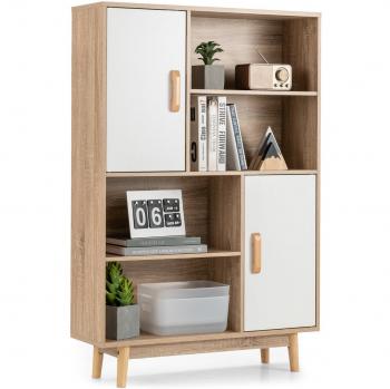Armario de Madera Costway con 4 Niveles, 2 Puertas, 4 Repisas Abiertas, Antivuelco para Salón, Estudio y Cocina, Color Blanco, Dimensiones: 80 x 24