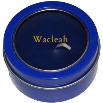 Candela en caja de metal con tapadera plástica con nombre grabado: Wacleah