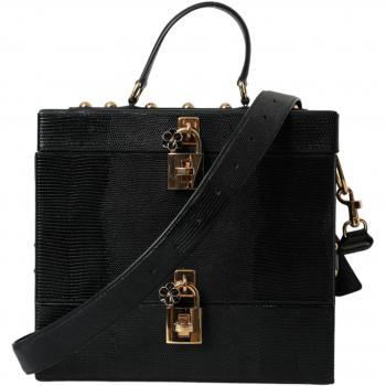 Black Iguana Leather Lock Box Shoulder Hand Luggage Bag