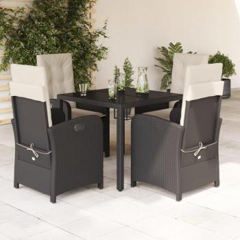 5-Piece Black Poly Rattan Garden Dining Set with Cushions