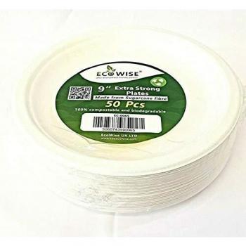 50 PCS PACK ECOWISE 9 INCH EXTRA STRONG DISPOSABLE PLATES BIODEGRADABLE AND COMPOSTABLE MADE FROM SUGARCANE FIBRE