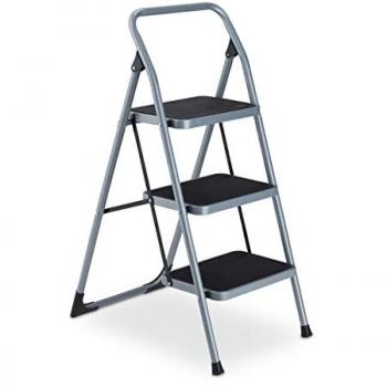 Escalera Plegable Relaxdays, 3 Peldaños, Antideslizante, Soporta hasta 150 kg, Acero Gris, Compacta y Portátil