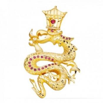 Colgante Oro 18k Dragón Combinado Circonitas Rojas Tallados Realistas