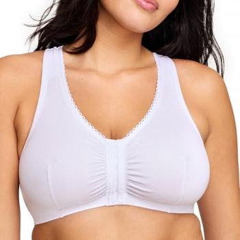 Glamorise Front Closure Cotton T-Back Comfort Bra - Women's Wireless Supportive White Bra 42-B/C/D