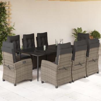 9-Piece Gray Poly Rattan Garden Dining Set with Cushions