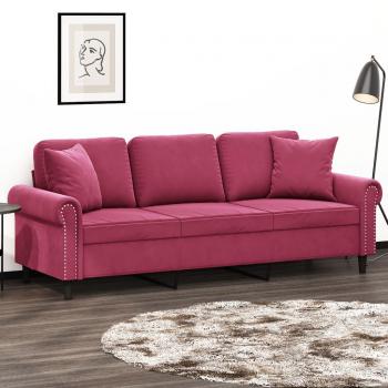 Sofá de 3 plazas con cojines de terciopelo rojo tinto 180 cm