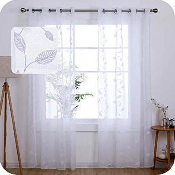 Amazon Brand - Umi Cortinas Salon Translucidas de Dibujos Hojas con Ollaos 2 Piezas 140x240cm Blanco