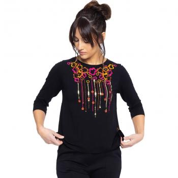 Mamatayoe - Top de mujer con mangas 3/4, escote redondo, bordado de lentejuelas en delantero, color negro