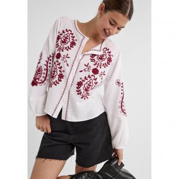 Embroidered Peplum Blouse Burgundy M