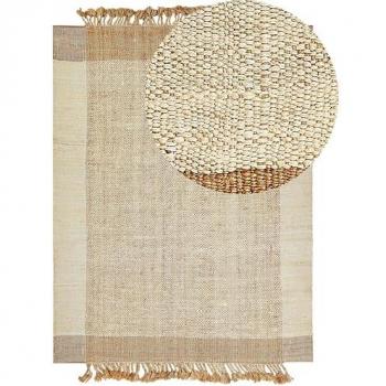 Alfombra de yute beige 160 x 230 cm rectangular con flecos y patrón geométrico hecha a mano estilo boho