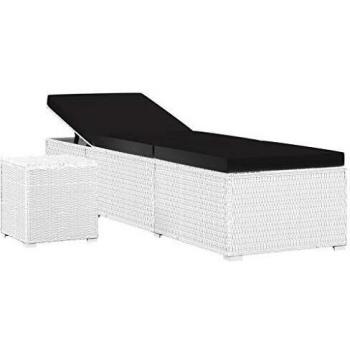 White Poly Rattan Sun Lounger with Cushion and Tea Table