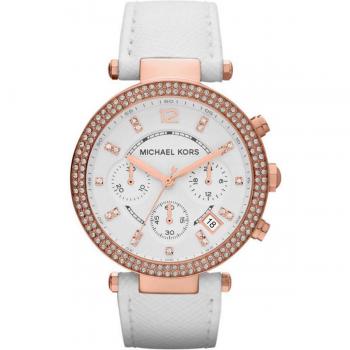 Reloj Michael Kors Mujer Parker Cronógrafo Oro Rosa con Correa de Silicona Blanca MK2281