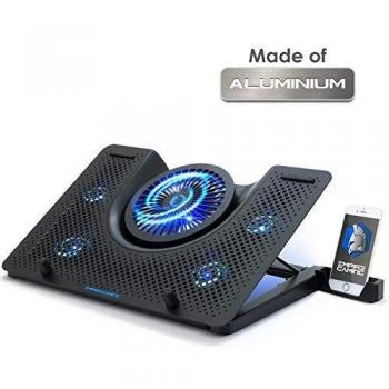 EMPIRE GAMING Turboost - Soporte Aluminium de refrigeración para portátiles Gamer Compatible de 12 a 17 Pulgadas - 5 Ventiladores potentes y silenciosos - Ergonómico 5 Alturas Regulables - Led
