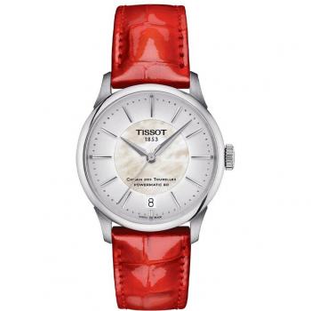 Tissot Chemin des Tourelles Powermatic 80 34mm Ladies Watch Mother Of Pearl, Model T139.207.16.111.00, Size: One Size, Color: Silver/Red