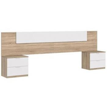 Cabecero de Cama Alaya con 2 Mesitas en Blanco y Roble - Dimensiones 247x95 cm