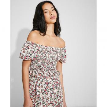 Naelle Top Nido de Abeja Manga Corta Abullonada Cuello Barco Mujer