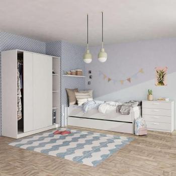 Pack Muebles Dormitorio Juvenil Contemporáneo Tibet (Cama 90 + Armario + Cómoda) Color Blanco Mate