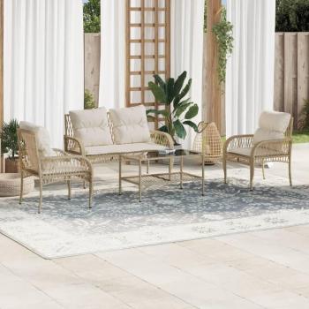 4-Piece Beige Poly Rattan Garden Sofa Set with Cushions