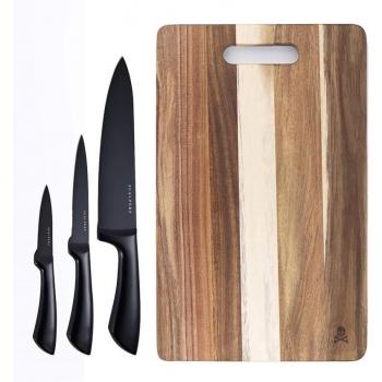 Juego de Tabla de Corte de Madera 40x25cm con 3 Cuchillos Chuleteros de Acero Inoxidable Scalpers Home