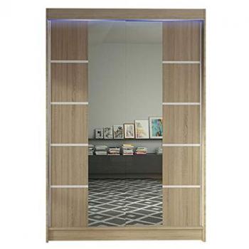 Armario Atlanta 151, Roble Sonoma, 200x120x58cm, Puertas Correderas con Espejo y LED