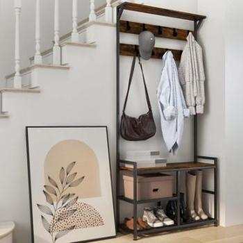 Rustic Industrial 3-in-1 Coat Rack with Shoe Bench and Storage Shelf