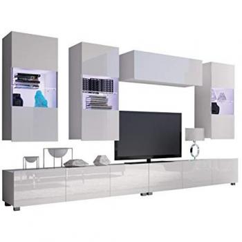 Conjunto de salón moderno Providence B109, Blanco Brillante y Aglomerado Laminado, con Mesa de TV y Equipos Adicionales, 300x43cm