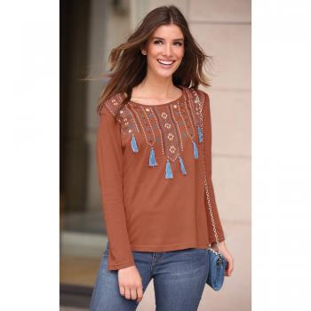 VENCA Camiseta Escote Redondeado y Manga Larga Mujer by Vencastyle - 018581,Rojo Caldera,3XL
