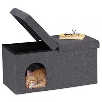 Casa Gato Plegable con Banco, Mueble Interior para Gatos, Escondite Gris de 38,5 x 74,5 x 37 cm - Relaxdays